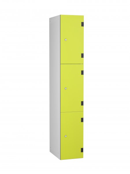 Shockproof Laminate Door Locker | 3 Overlay Doors | 1780 x 305 x 470mm | Silver Carcass | Cam Lock | Lime Yellow Doors | ShockBox