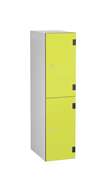 Low Level Shockproof Laminate Door Locker | 2 Overlay Doors | 1220 x 305 x 470mm | Silver Carcass | Cam Lock | Lime Yellow Doorss | Numbered | ShockBox