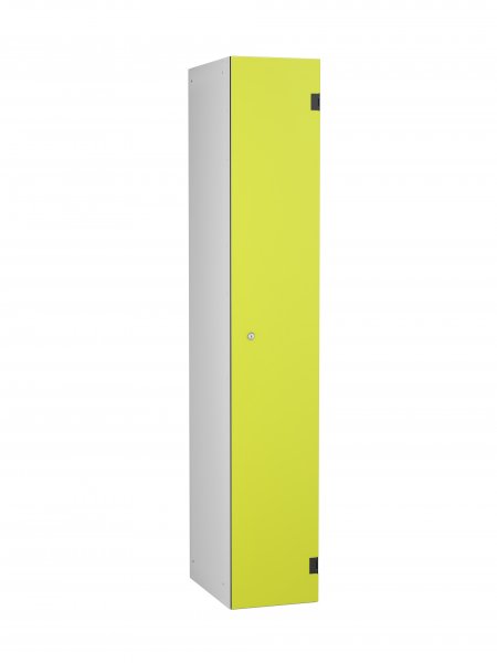 Shockproof Laminate Door Locker | Single Overlay Door | 1780 x 305 x 390mm | Silver Carcass | Hasp & Staple Lock | Lime Yellow Door | ShockBox