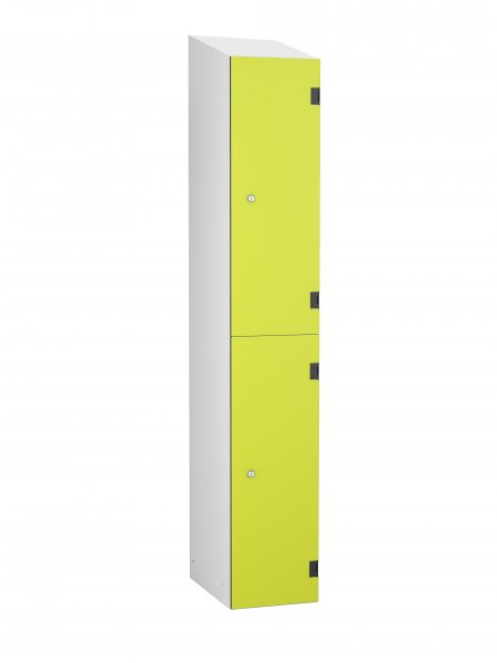 Shockproof Laminate Door Locker | 2 Overlay Doors | 1780 x 305 x 390mm | Silver Carcass | Sloping Top | Cam Lock | Lime Yellow Doors | ShockBox
