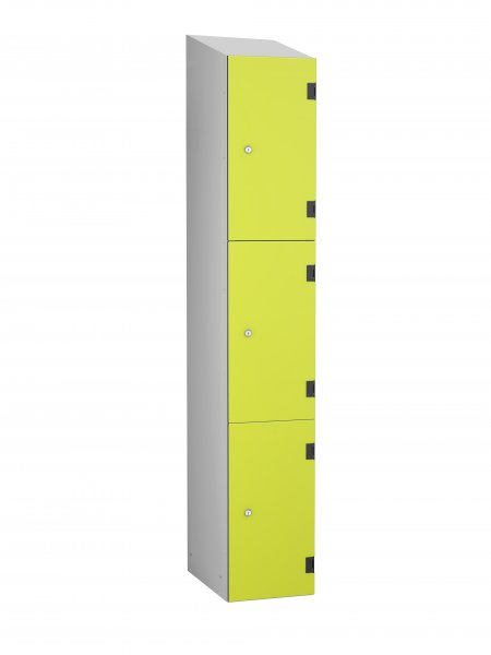 Shockproof Laminate Door Locker | 3 Overlay Doors | 1780 x 305 x 390mm | Silver Carcass | Sloping Top | Cam Lock | Lime Yellow Doors | ShockBox