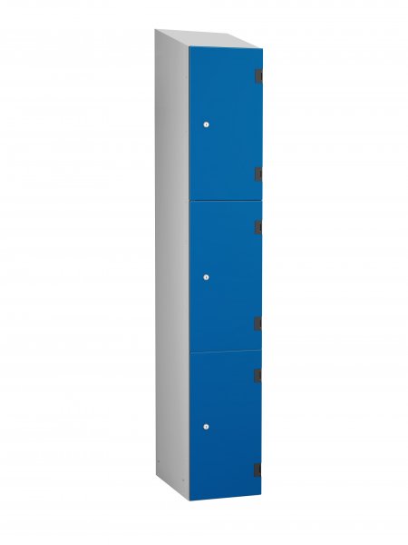 Shockproof Laminate Door Locker | 3 Overlay Doors | 1780 x 305 x 390mm | Silver Carcass | Sloping Top | Cam Lock | Electric Blue Doors | ShockBox