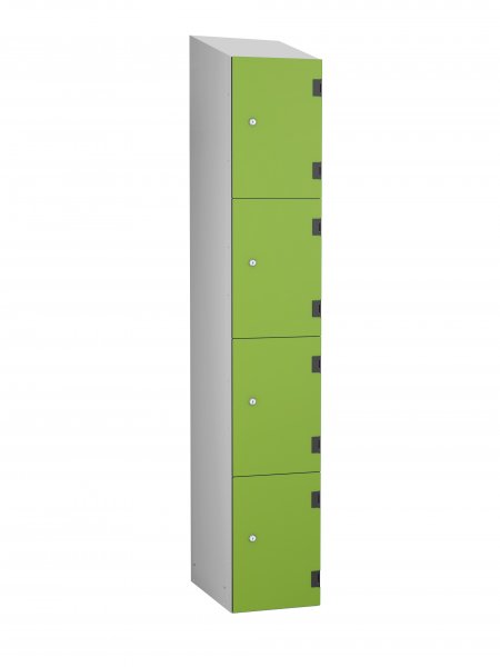 Shockproof Laminate Door Locker | 4 Overlay Doors | 1780 x 305 x 390mm | Silver Carcass | Sloping Top | Cam Lock | Lime Green Doors | ShockBox