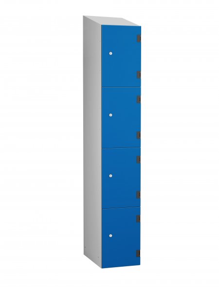 Shockproof Laminate Door Locker | 4 Overlay Doors | 1780 x 305 x 390mm | Silver Carcass | Sloping Top | Cam Lock | Electric Blue Doors | ShockBox