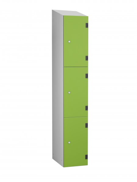 Shockproof Laminate Door Locker | 3 Overlay Doors | 1780 x 305 x 390mm | Silver Carcass | Sloping Top | Cam Lock | Lime Green Doors | Numbered | ShockBox