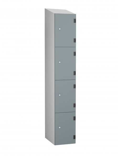 Shockproof Laminate Door Locker | 4 Overlay Doors | 1780 x 305 x 390mm | Silver Carcass | Sloping Top | Cam Lock | Dust Doors | Numbered | ShockBox