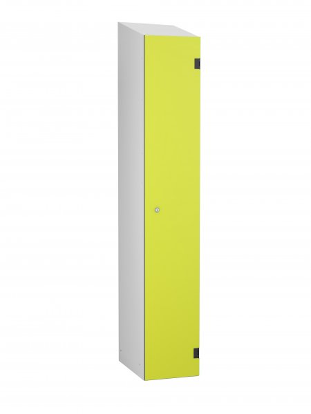 Shockproof Laminate Door Locker | Single Overlay Door | 1780 x 305 x 390mm | Silver Carcass | Sloping Top | Hasp & Staple Lock | Lime Yellow Door | ShockBox