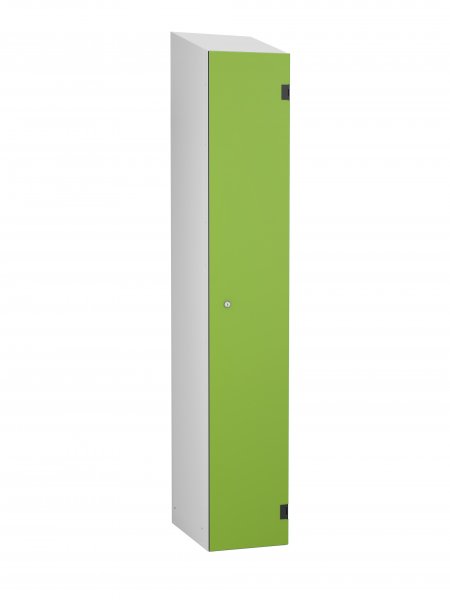 Shockproof Laminate Door Locker | Single Overlay Door | 1780 x 305 x 390mm | Silver Carcass | Sloping Top | Hasp & Staple Lock | Lime Green Door | ShockBox