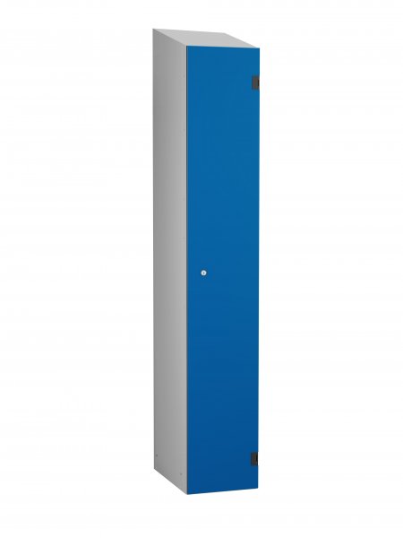 Shockproof Laminate Door Locker | Single Overlay Door | 1780 x 305 x 390mm | Silver Carcass | Sloping Top | Hasp & Staple Lock | Electric Blue Door | ShockBox