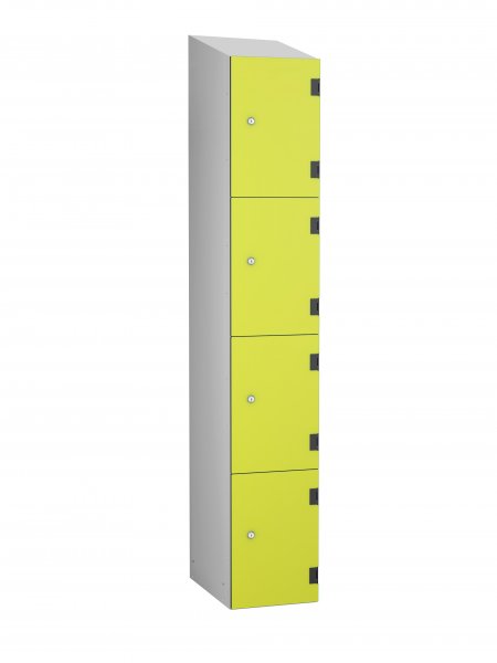 Shockproof Laminate Door Locker | 4 Overlay Doors | 1780 x 305 x 390mm | Silver Carcass | Sloping Top | Hasp & Staple Lock | Lime Yellow Doors | ShockBox