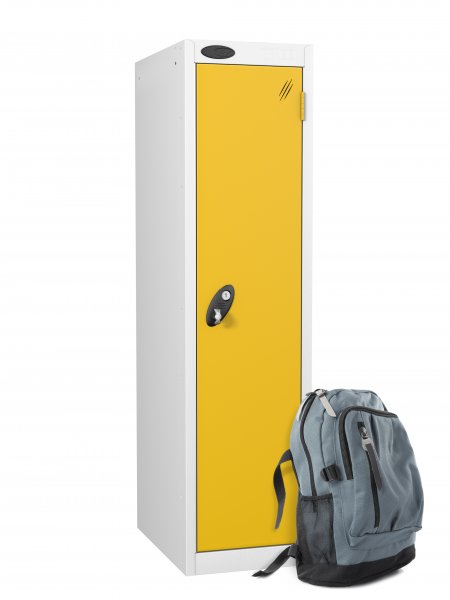 Low Height Metal Storage Locker | Single Door | 1210 x 305 x 305mm | White Carcass | Yellow Door | Cam Lock | Probe