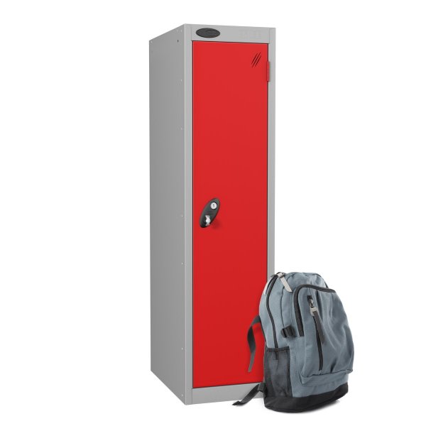 Low Height Metal Storage Locker | Single Door | 1210 x 305 x 305mm | White Carcass | Red Door | Cam Lock | Probe