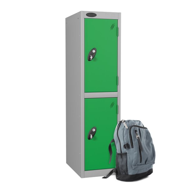 Low Height Metal Storage Locker | 2 Doors | 1210 x 305 x 305mm | White Carcass | Green Doors | Cam Lock | Probe