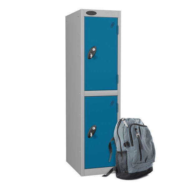 Low Height Metal Storage Locker | 2 Doors | 1210 x 305 x 305mm | White Carcass | Blue Doors | Cam Lock | Probe