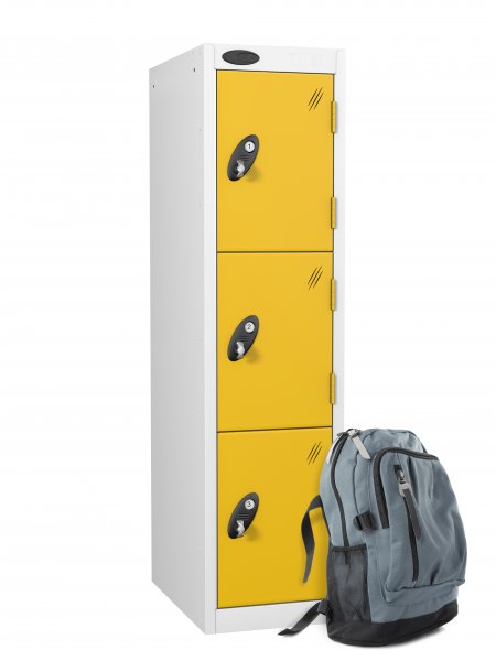 Low Height Metal Storage Locker | 3 Doors | 1210 x 305 x 305mm | White Carcass | Yellow Doors | Cam Lock | Probe
