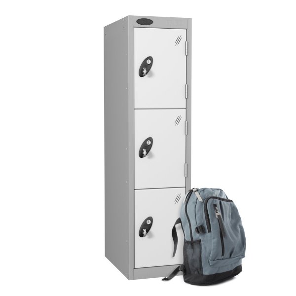 Low Height Metal Storage Locker | 3 Doors | 1210 x 305 x 305mm | Silver Carcass | White Doors | Cam Lock | Probe