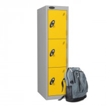 Low Height Metal Storage Locker | 3 Doors | 1210 x 305 x 305mm | Silver Carcass | Yellow Doors | Cam Lock | Probe