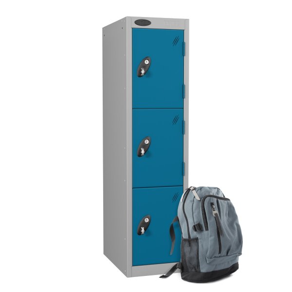 Low Height Metal Storage Locker | 3 Doors | 1210 x 305 x 305mm | Silver Carcass | Blue Doors | Cam Lock | Probe