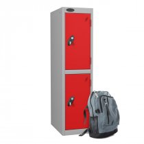 Low Height Metal Storage Locker | 2 Doors | 1210 x 305 x 305mm | White Carcass | Red Doors | Hasp & Staple Lock | Probe