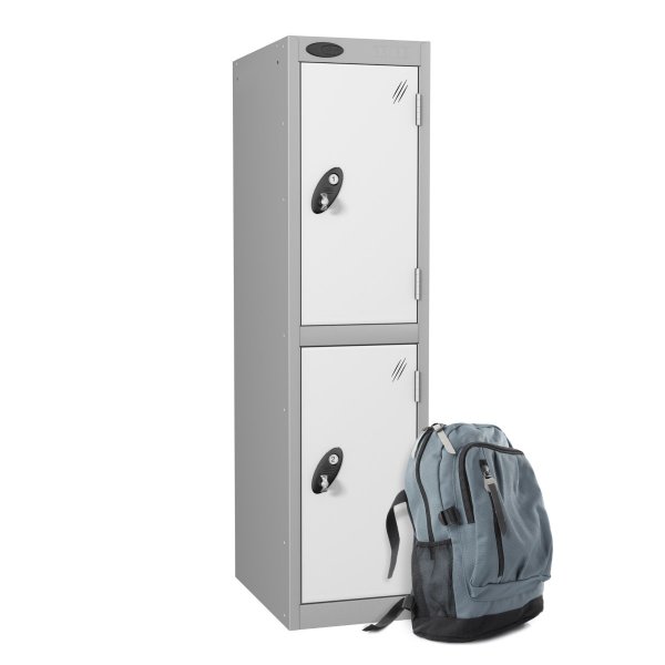 Low Height Metal Storage Locker | 2 Doors | 1210 x 305 x 305mm | Silver Carcass | White Doors | Hasp & Staple Lock | Probe