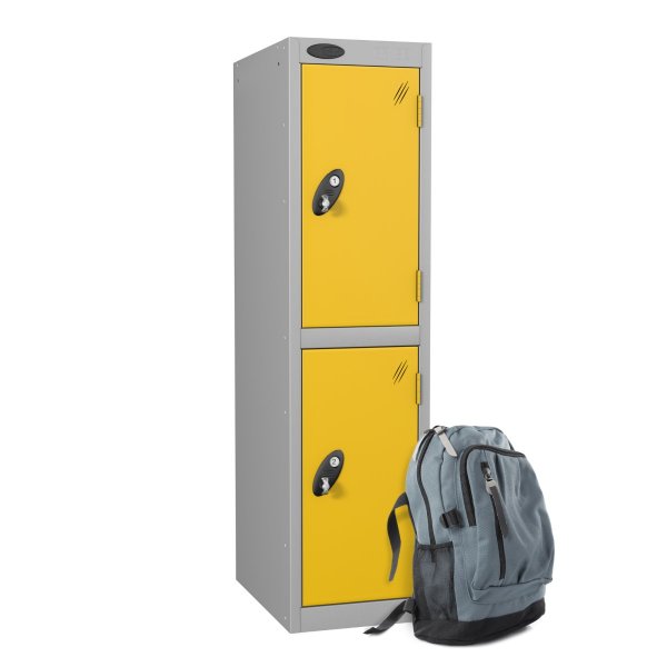 Low Height Metal Storage Locker | 2 Doors | 1210 x 305 x 305mm | Silver Carcass | Yellow Doors | Hasp & Staple Lock | Probe