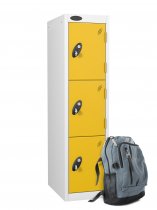 Low Height Metal Storage Locker | 3 Doors | 1210 x 305 x 305mm | White Carcass | Yellow Doors | Hasp & Staple Lock | Probe