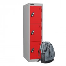 Low Height Metal Storage Locker | 3 Doors | 1210 x 305 x 305mm | White Carcass | Red Doors | Hasp & Staple Lock | Probe