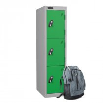 Low Height Metal Storage Locker | 3 Doors | 1210 x 305 x 305mm | Silver Carcass | Green Doors | Hasp & Staple Lock | Probe