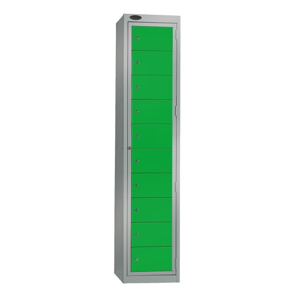 Garment Dispenser Locker | 1780 x 380 x 460mm | 10 Doors | Silver Carcass | Green Doors | Cam Lock | Probe