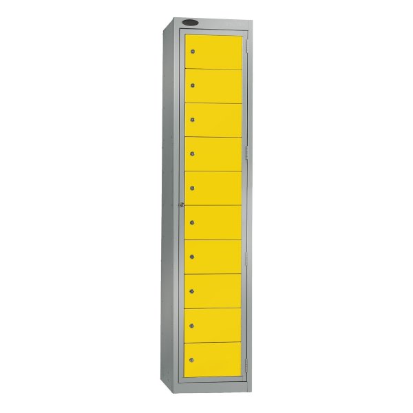 Garment Dispenser Locker | 1780 x 380 x 460mm | 10 Doors | Silver Carcass | Yellow Doors | Cam Lock | Probe
