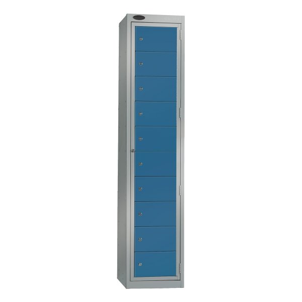 Garment Dispenser Locker | 1780 x 380 x 460mm | 10 Doors | Silver Carcass | Blue Doors | Cam Lock | Probe