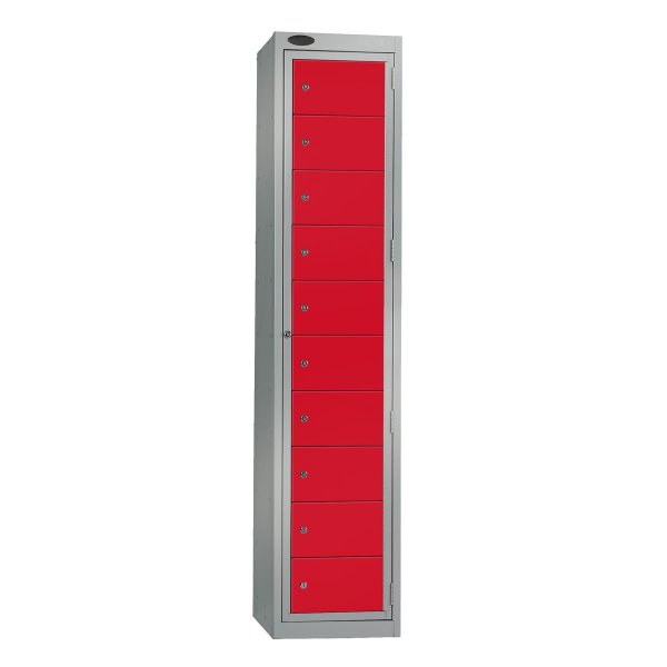 Garment Dispenser Locker | 1780 x 380 x 460mm | 10 Doors | Silver Carcass | Red Doors | Cam Lock | Probe