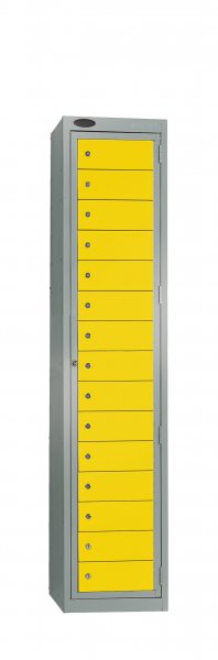 Garment Dispenser Locker | 1780 x 380 x 460mm | 15 Doors | Silver Carcass | Yellow Doors | Cam Lock | Probe
