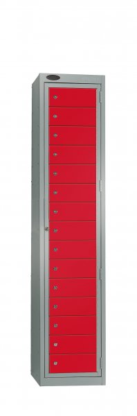 Garment Dispenser Locker | 1780 x 380 x 460mm | 15 Doors | Silver Carcass | Red Doors | Cam Lock | Probe