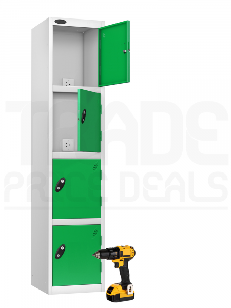 Charging Storage Locker | 1780 x 380 x 460mm | White Carcass | 4 Solid Green Doors | RECHARGE 4