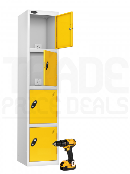 Charging Storage Locker | 1780 x 380 x 460mm | White Carcass | 4 Solid Yellow Doors | RECHARGE 4
