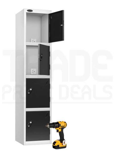 Charging Storage Locker | 1780 x 380 x 460mm | White Carcass | 4 Solid Black Doors | RECHARGE 4