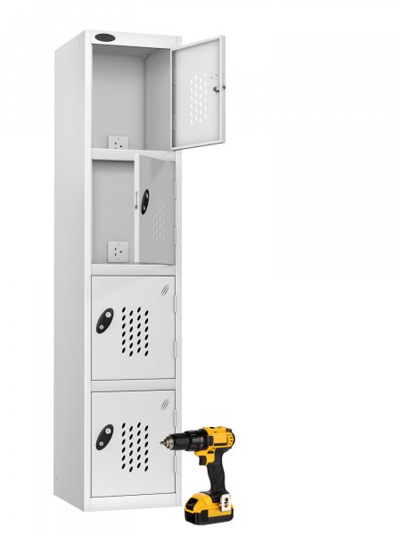 Charging Storage Locker | 1780 x 380 x 460mm | White Carcass | 4 Perforated White Doors | RECHARGE 4