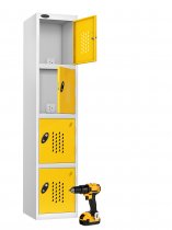 Charging Storage Locker | 1780 x 380 x 460mm | White Carcass | 4 Perforated Yellow Doors | RECHARGE 4