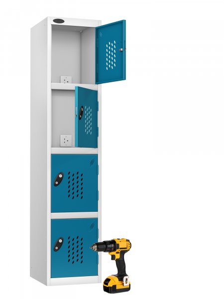 Charging Storage Locker | 1780 x 380 x 460mm | White Carcass | 4 Perforated Blue Doors | RECHARGE 4
