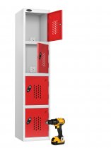 Charging Storage Locker | 1780 x 380 x 460mm | White Carcass | 4 Perforated Red Doors | RECHARGE 4