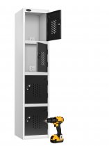 Charging Storage Locker | 1780 x 380 x 460mm | White Carcass | 4 Perforated Black Doors | RECHARGE 4