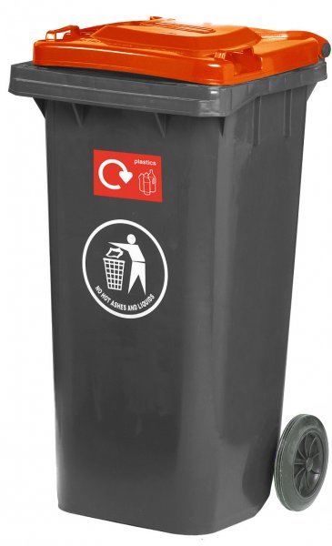 Wheeled Recycling Bin | Plastic Recycling | 120 Litres | Grey | Red Lid