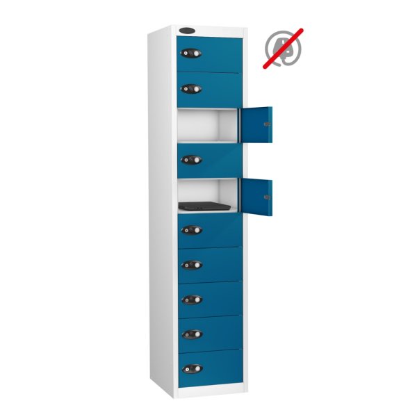 Laptop Storage Locker | Store Only | 10 Individual Compartments | White Carcass | Blue Door | Cam Lock | LAPBOX
