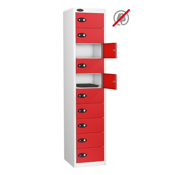 Laptop Storage Locker | Store Only | 10 Individual Compartments | White Carcass | Red Door | Cam Lock | LAPBOX