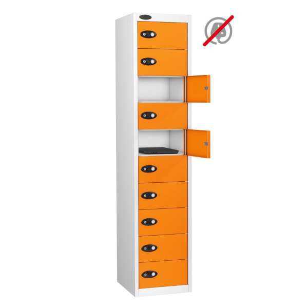 Laptop Storage Locker | Store Only | 10 Individual Compartments | White Carcass | Orange Door | Cam Lock | LAPBOX