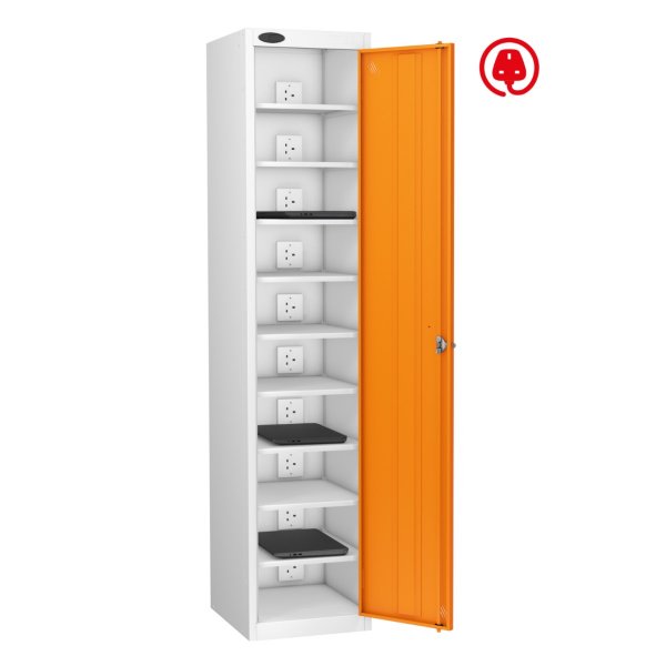 Laptop Storage Locker | Charge & Store | Single Door | 10 Compartments | White Carcass | Orange Door | Cam Lock | Std UK Plug | LAPBOX