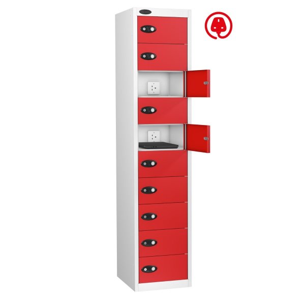 Laptop Storage Locker | Charge & Store | 10 Individual Compartments | White Carcass | Red Door | Cam Lock | Std UK Plug | LAPBOX
