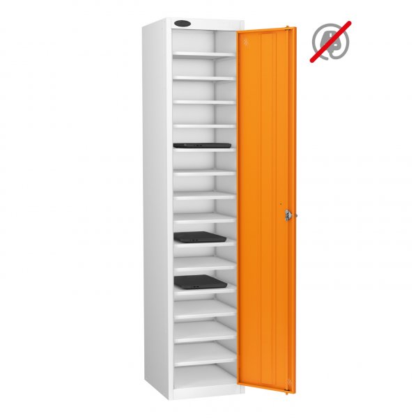 Laptop Storage Locker | Store Only | Single Door | 15 Compartments | White Carcass | Orange Door | Cam Lock | LAPBOX
