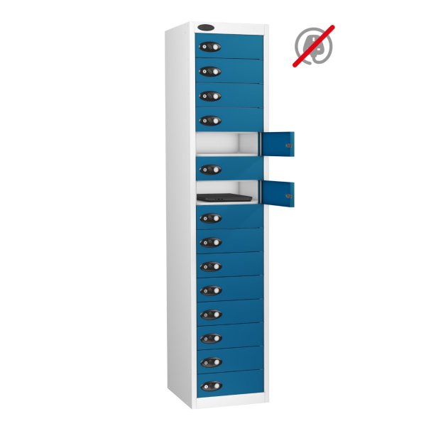 Laptop Storage Locker | Store Only | 15 Individual Compartments | White Carcass | Blue Door | Cam Lock | LAPBOX
